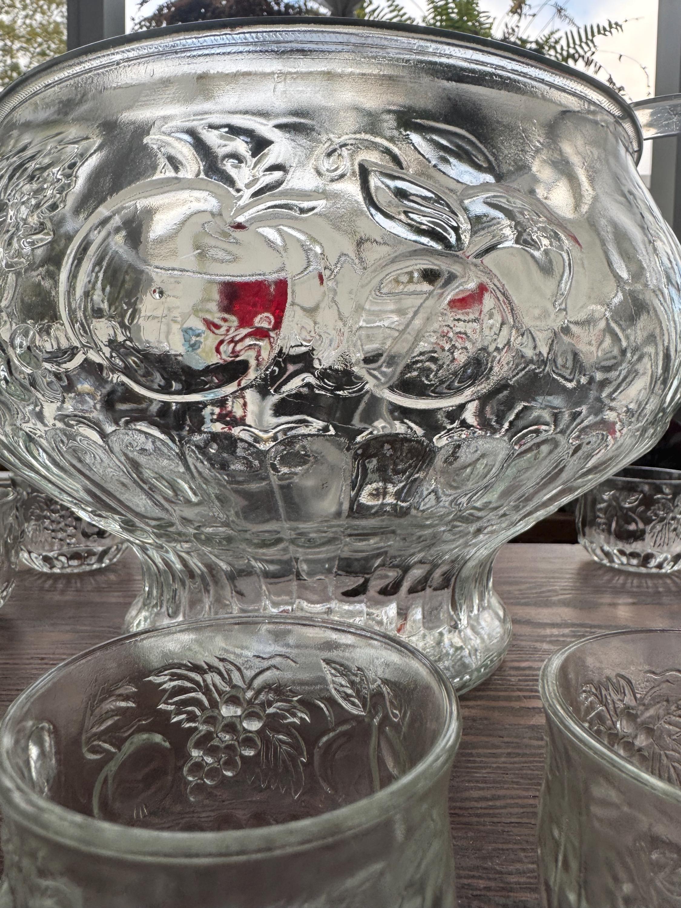 Vintage Jeannette Glass Punch Bowl Set With Fruit Pattern, 12