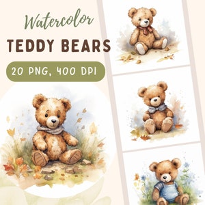 Clipart orsacchiotto, 20 PNG di alta qualità, acquerello, creazione di cartoline, supporti misti, artigianato con carta digitale, bambini, clipart per bambini, clipart animali