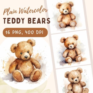 Clipart di orsacchiotti semplici, 16 PNG di alta qualità, acquerello, creazione di cartoline, supporti misti, artigianato con carta digitale, clipart per bambini, clipart animali