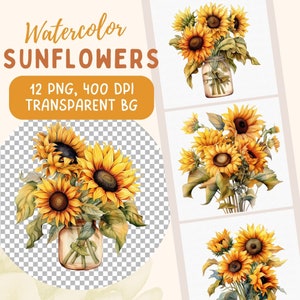 Clipart de girassóis em aquarela, 12 PNG transparentes, flores silvestres, flores, clipart floral, clipart pré-fabricado, clipart de casamento, clipart de primavera