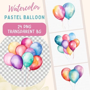 Acquerello pastello Balloong Clipart PNG, 24 PNG di alta qualità, PNG Scrapbooking, Grafica, Illustrazione, Schizzo, Pittura, Biglietto per festa di compleanno