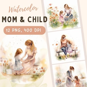 Aquarell Mutter und Kind Clipart, 12 hochwertige PNG, Muttertag Clipart, Mutterliebe, Mutter und Tochter, Kartenherstellung, kommerzielle Nutzung