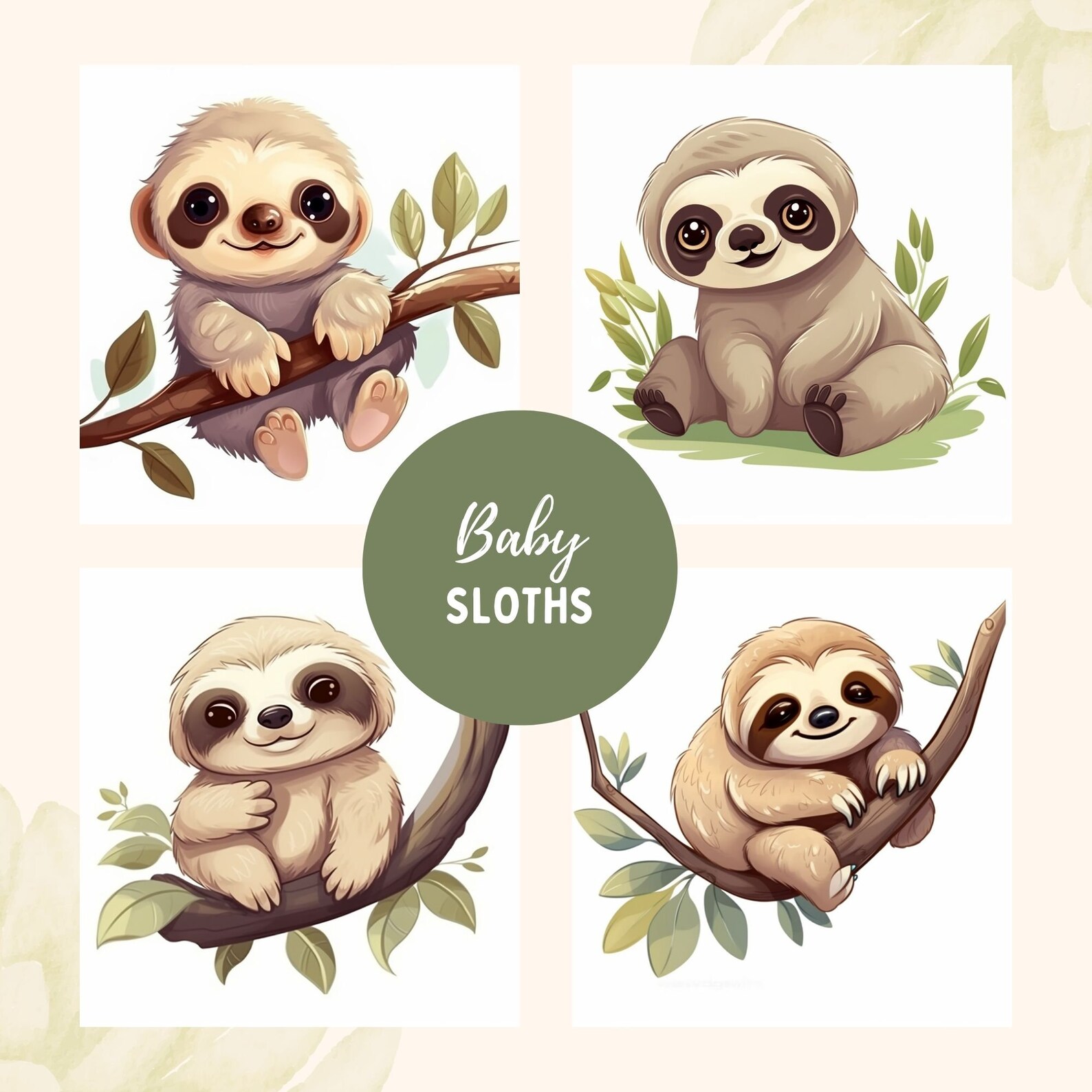 Baby Sloths Clipart Bundle, 20 High Quality PNG, Cute Sloths Clipart PNG, Kids Wall Art, Baby ...