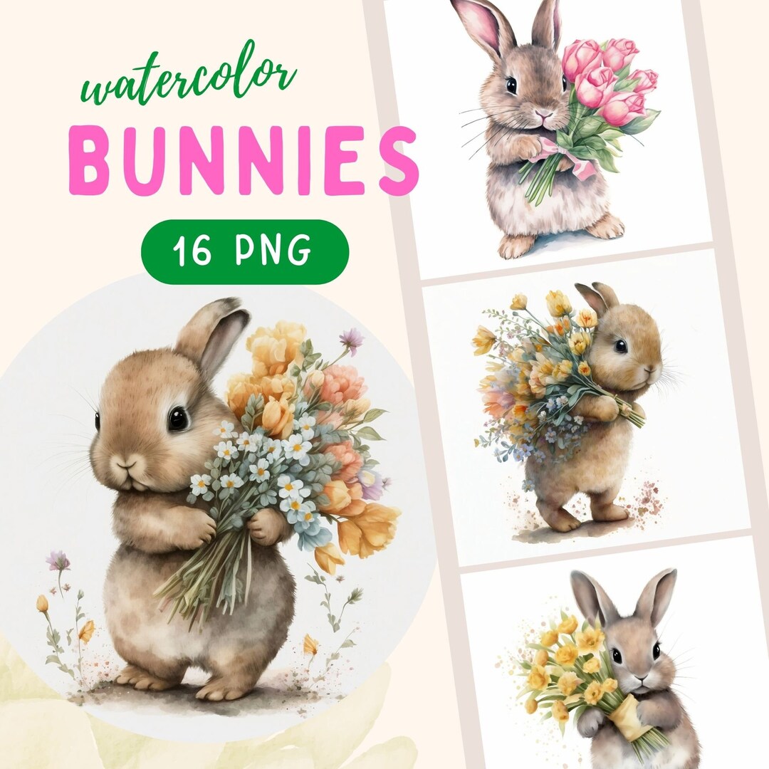 Floral Bunnies Clipart, 16 High Quality PNG, Spring Nursery Art, Cute ...