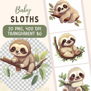 Baby Sloths Clipart Bundle, 20 High Quality PNG, Transparent BG, Cute Sloths Clipart PNG, Kids Wall Art, Baby Animal Prints, Animal Clipart