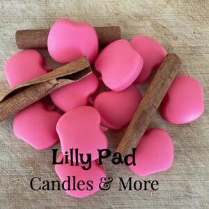 May include: A close-up of pink apple-shaped wax melts with cinnamon sticks on a wooden surface. The text "Lilly Pad Candles & More" is visible in the image.