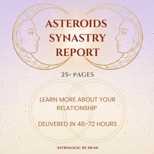 May include: A digital report titled ASTEROIDS SYNASTRY REPORT with 25+ PAGES. The design features two gold crescent moons with faces, a Venn diagram of two circles, and the text LEARN MORE ABOUT YOUR RELATIONSHIP, DELIVERED IN 48-72 HOURS, ASTROLOGIC BY MUNI.