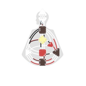 May include: A Human Design bodygraph chart featuring a stylized human silhouette outline. The diagram contains various geometric shapes including squares and triangles in yellow, red, and brown, connected by black and red lines with numbered circles.