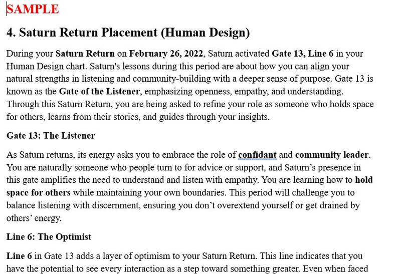May include: A document titled 4. Saturn Return Placement (Human Design) featuring text about Saturn activating Gate 13, Line 6 on February 26, 2022. The text discusses the Gate of the Listener, the role of confidant, and Line 6: The Optimist.