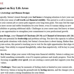 May include: A printed document titled 5. Impact on Key Life Areas, featuring text about career astrology and Human Design. The page includes sections on Saturn's transit, the Channel of Charisma, Channel of Awareness, Key Focus, and Challenges.
