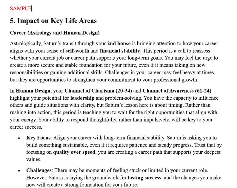 May include: A printed document titled 5. Impact on Key Life Areas, featuring text about career astrology and Human Design. The page includes sections on Saturn's transit, the Channel of Charisma, Channel of Awareness, Key Focus, and Challenges.