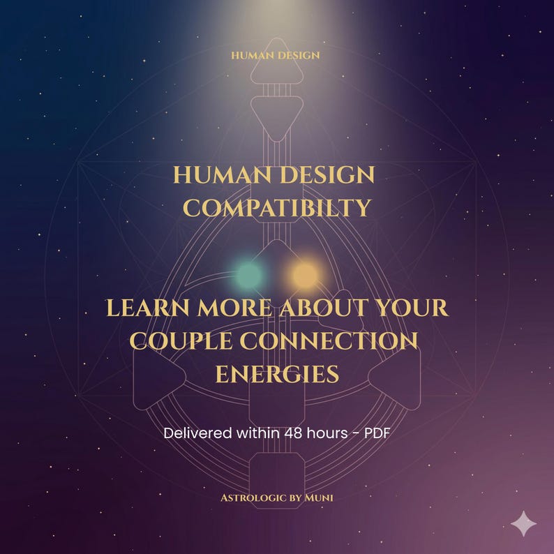 May include: A digital graphic featuring a Human Design chart with a dark purple starry background. Text reads: HUMAN DESIGN COMPATIBILTY, LEARN MORE ABOUT YOUR COUPLE CONNECTION ENERGIES, Delivered within 48 hours - PDF, and ASTROLOGIC BY MUNI.