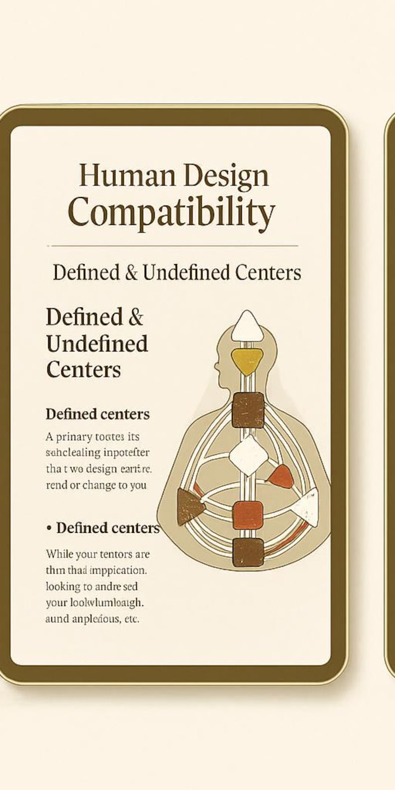 May include: A rectangular card with a cream background and a gold border featuring the text Human Design Compatibility, Defined & Undefined Centers. It includes a stylized human silhouette diagram with various colored geometric shapes inside.