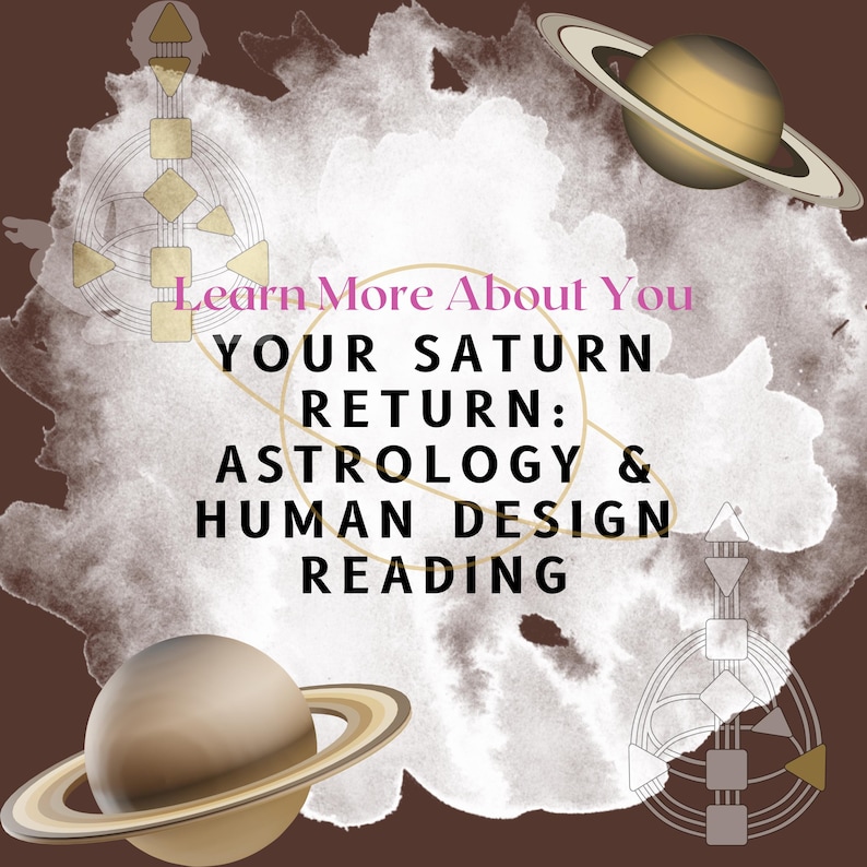 May include: A brown graphic featuring a white watercolor splash, two illustrations of the planet Saturn, and two Human Design bodygraph charts. The text reads: Learn More About You YOUR SATURN RETURN: ASTROLOGY & HUMAN DESIGN READING.