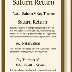 May include: A rectangular card with a gold border on a cream background featuring the text Your Saturn Return, Natal Saturn & Key Themes, Saturn Return, Your Natal Saturn, and Key Themes of Your Saturn Return, along with several paragraphs of text.