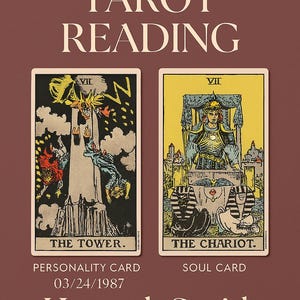 K&ouml;nnte beinhalten: Maroonfarbene Grafik mit zwei Tarotkarten, "Der Turm" und "Der Wagen". Der Text lautet "Geburtstags-Tarot-Lesung", "Pers&ouml;nlichkeitskarte", "Seelenkarte", ein Datum und ein Name. Unten steht "Personalisierter PDF-Bericht."