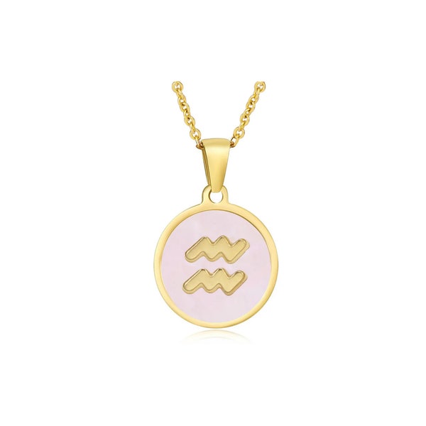 Two-Tone - 12 Zodiac Symbol Pink Marble Necklace - Elegant 18" Gold Chain - Gift for Her