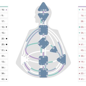 May include: A Human Design bodygraph chart featuring a central silhouette with blue geometric shapes connected by purple and teal lines. Two vertical columns of data flank the figure, displaying numerical values and astrological symbols.