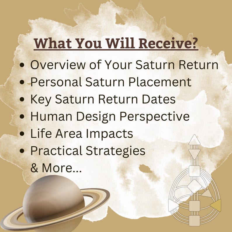 May include: A tan graphic with a watercolor texture featuring the text What You Will Receive? followed by a list including Overview of Your Saturn Return, Personal Saturn Placement, Key Saturn Return Dates, Human Design Perspective, Life Area Impacts, Practical Strategies & More. A planet with rings and a geometric Human Design chart are visible.