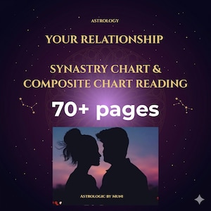May include: A digital document titled YOUR RELATIONSHIP SYNASTRY CHART & COMPOSITE CHART READING with 70+ pages. The background is a dark purple gradient with gold stars and a silhouette of two people facing each other at sunset. ASTROLOGIC BY MUNI.