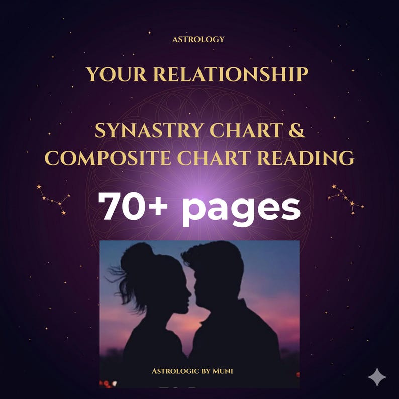 May include: A digital document titled YOUR RELATIONSHIP SYNASTRY CHART & COMPOSITE CHART READING with 70+ pages. The background is a dark purple gradient with gold stars and a silhouette of two people facing each other at sunset. ASTROLOGIC BY MUNI.
