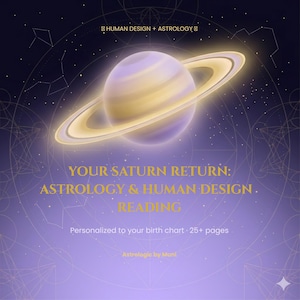 May include: A digital document cover featuring a glowing illustration of the planet Saturn against a purple starry background. Text reads: HUMAN DESIGN + ASTROLOGY, YOUR SATURN RETURN: ASTROLOGY & HUMAN DESIGN READING, Personalized to your birth chart 25+ pages, Astrologic by Muni.