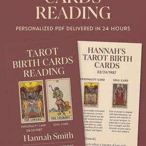 K&ouml;nnte beinhalten: Personalisierte Tarot-Geburtskartenlesung mit dem Text "Tarot Birth Cards Reading" und "Hannah's Tarot Birth Cards". Das Design umfasst Tarotkarten-Illustrationen und den Namen "Hannah Smith".