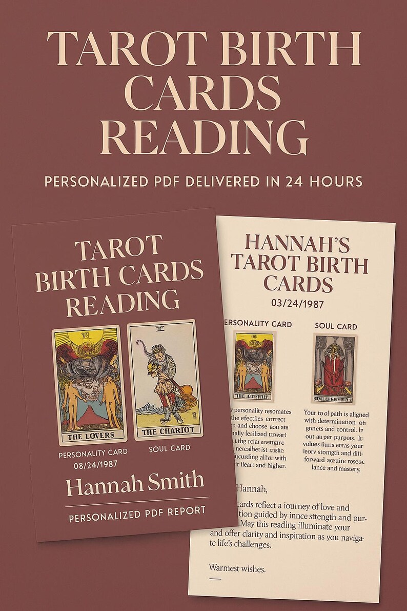 K&ouml;nnte beinhalten: Personalisierte Tarot-Geburtskartenlesung mit dem Text "Tarot Birth Cards Reading" und "Hannah's Tarot Birth Cards". Das Design umfasst Tarotkarten-Illustrationen und den Namen "Hannah Smith".