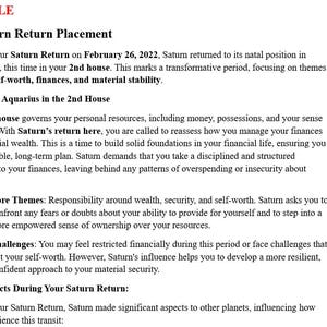 May include: A document titled SAMPLE featuring the text 3. Saturn Return Placement. It details Saturn returning to its natal position in Aquarius in the 2nd house on February 26, 2022, discussing themes of self-worth, finances, and material stability.