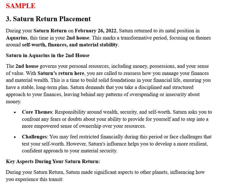 May include: A document titled SAMPLE featuring the text 3. Saturn Return Placement. It details Saturn returning to its natal position in Aquarius in the 2nd house on February 26, 2022, discussing themes of self-worth, finances, and material stability.