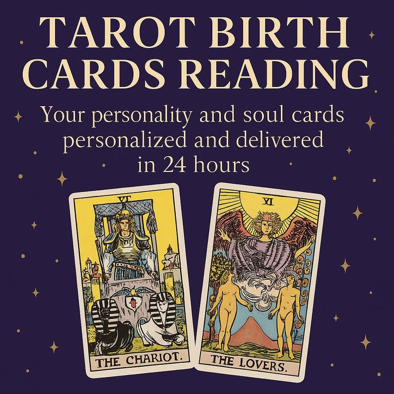 K&ouml;nnte beinhalten: Das Bild zeigt zwei Tarotkarten, "Der Wagen" und "Die Liebenden", vor einem dunkelvioletten Hintergrund mit Sternen. Der Text lautet "TAROT BIRTH CARDS READING" und verspricht personalisierte Seelenkartenlesungen, die in 24 Stunden geliefert werden.
