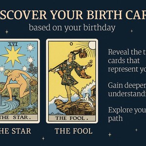 K&ouml;nnte beinhalten: Ein Bild mit dem Text "ENTDECKE DEINE GEBURTSKARTEN basierend auf deinem Geburtstag". Zwei Tarotkarten werden angezeigt: "DER STERN" und "DER NARR". Zus&auml;tzlicher Text lautet: "Enth&uuml;lle die Tarotkarten, die dich repr&auml;sentieren, Erkenne dich selbst besser, Erkunde deinen Lebensweg."