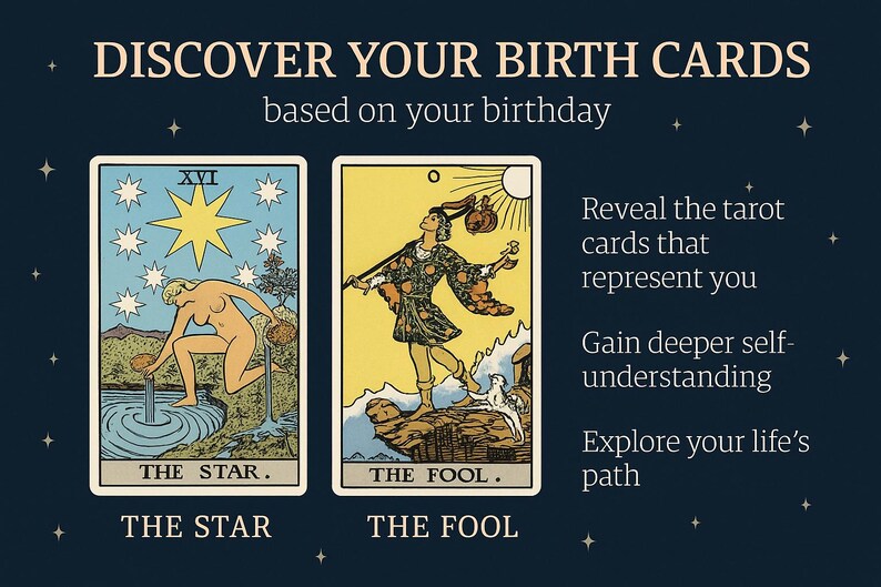 K&ouml;nnte beinhalten: Ein Bild mit dem Text "ENTDECKE DEINE GEBURTSKARTEN basierend auf deinem Geburtstag". Zwei Tarotkarten werden angezeigt: "DER STERN" und "DER NARR". Zus&auml;tzlicher Text lautet: "Enth&uuml;lle die Tarotkarten, die dich repr&auml;sentieren, Erkenne dich selbst besser, Erkunde deinen Lebensweg."