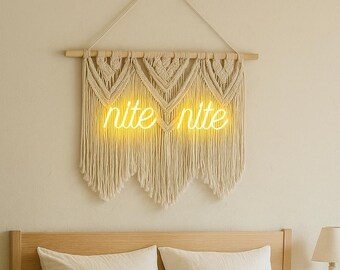Nite Nite Neon Light | Boho Macrame Wall Decor | Warm LED Sign for Bedroom, Nursery or Living Room | Handmade Light Art | Handmade Macrame