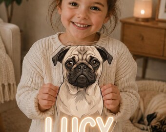 Custom Pet Portrait LED Sign, Personalized Dog Name Light, Acrylic Pet Memorial Sign, Custom Dog Portrait, Dog Lover Gift, Pug Decor