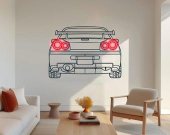 Industrial  Car Metal Decor - R34 Back Metal Led Wall Art - Unique Man Cave Art For Enthusiast - Industrial Chic Neon Silhouette - Neon Sign