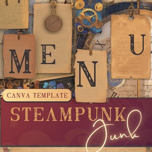 Menu Steampunk - 3 modelos - Principal, Bebidas, Sobremesas - MODELO CANVA - Acesso instantâneo - Imprimir em casa - Festa temática - 1