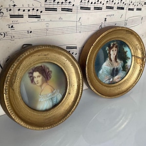 Antique Hand Painted Portrait Miniatures Pair – Victorian Ladies – After Winterhalter – Gilt Frames – Romantic Gallery Wall Art