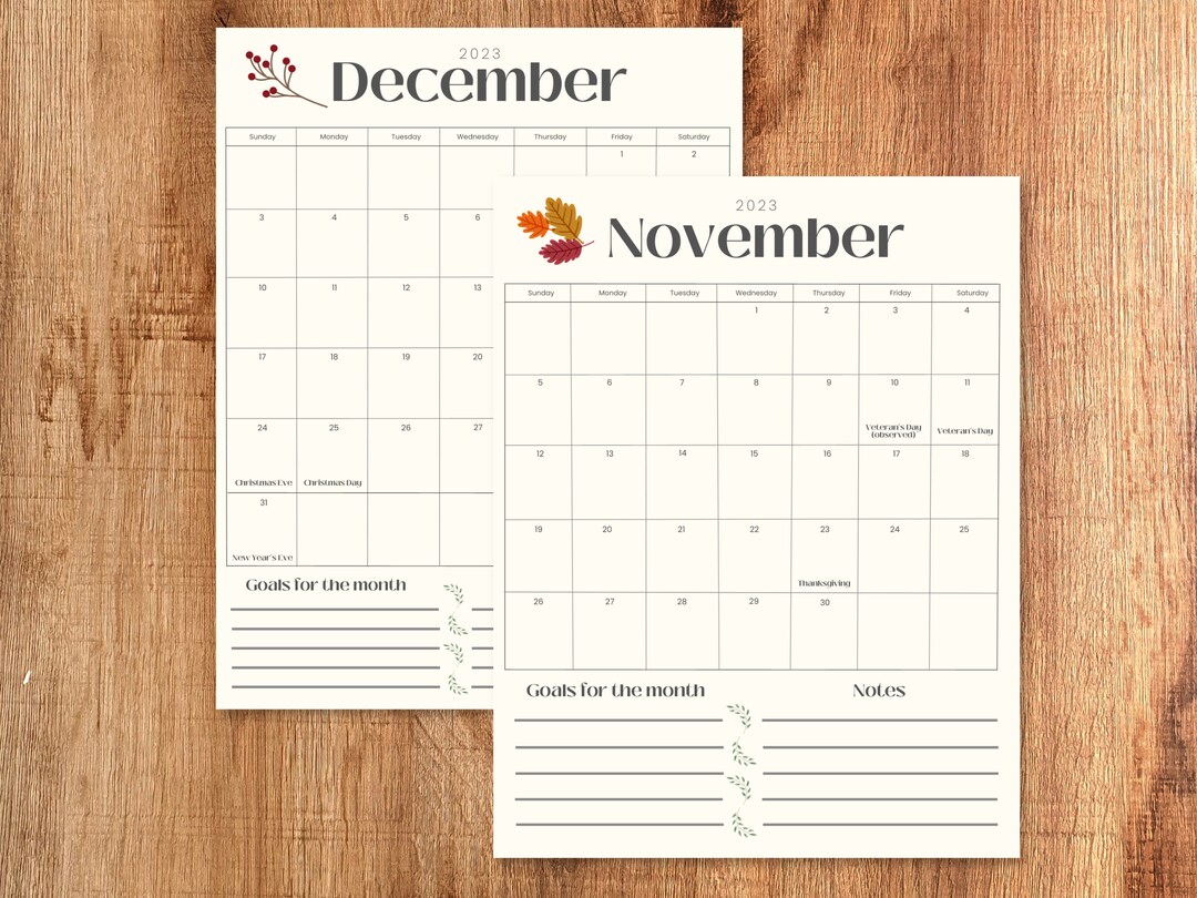 Printable Monthly Calendar November and December 2023 Etsy