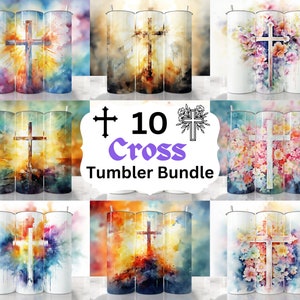 Könnte beinhalten: Ein Set mit 10 Sublimationsdesigns mit Aquarell-Kreuzmotiven. Die Designs beinhalten Kreuze mit floralen Akzenten, Kreuze mit Sonnenuntergangs-Hintergrund und Kreuze mit buntem Hintergrund.  +10 Cross Tumbler Bundle