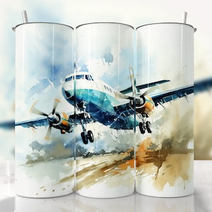 Airplane Tumbler Wrap, Pilot Tumbler Wrap PNG, Watercolor Tumbler Wrap, Straight & Tapered Tumbler Wrap, Airplane PNG, Flying Plane Tumbler