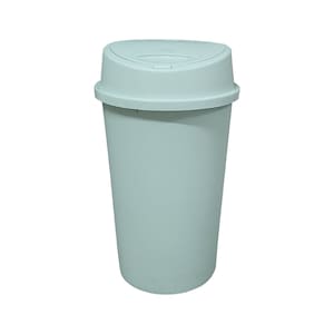 May include: A light green plastic bin with a lid. The lid has a small handle on the top.