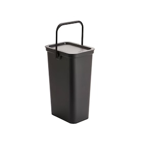 May include: A black rectangular bin with a lid and a black handle. The bin is made of plastic and has a smooth surface.