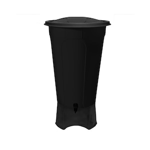 May include: A black plastic rain barrel with a lid and a tap. The barrel has a wide base and a narrow top.