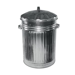 May include: A silver metal bin with a lid. The bin has a ribbed texture and a simple design.