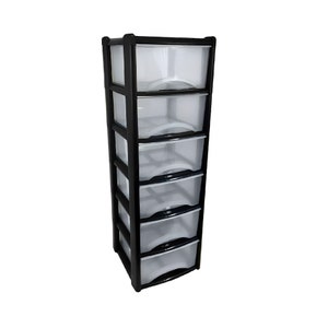 May include: A black plastic drawer unit with six clear drawers. The drawers have a slight curve to the front edge.
