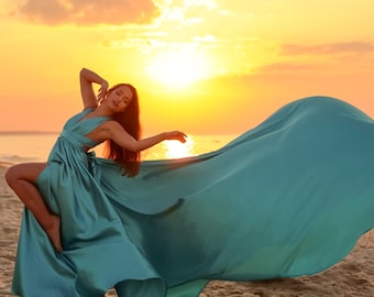 Satin Flying Dress: Long Train Flowy Gown - Photoshoot Dress