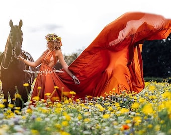 Flowy Dress: Long Train, Photoshoot Gown, Flying dress for Photoshoot, Santorini Flying Dress