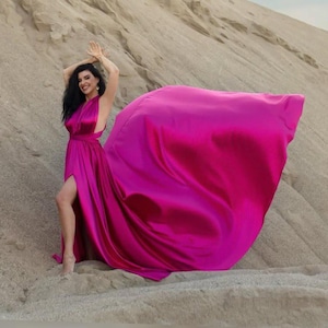 Purple Satin Flying Dress: Long Train, Convertible Gown, Flying dress for Photoshoot, Santorini Flying Dress