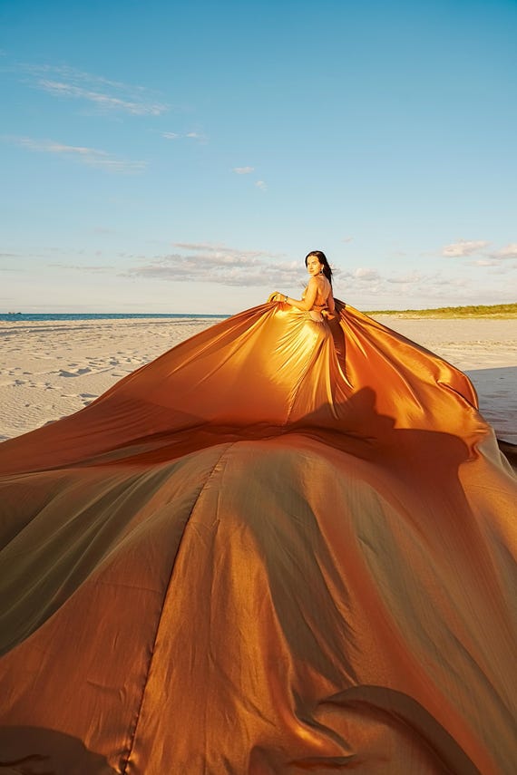 Gold Satin Flying Dress: Long Train, Photoshoot Gown - Etsy Canada Gold Satin Flying Dress: Long Train, Photoshoot Gown - Etsy Canada